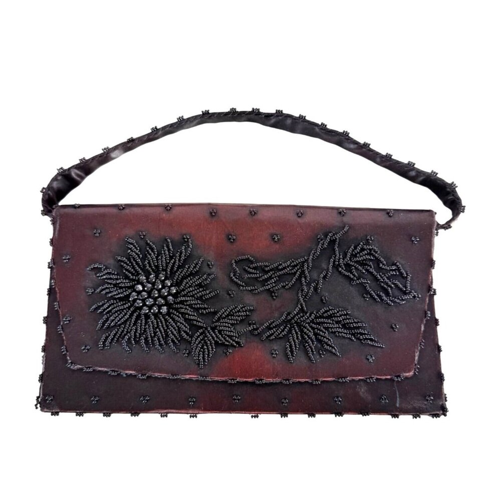 Maxime Original Beaded Clutch VTG Floral Evening Bag Brown Black 20s Goth Style